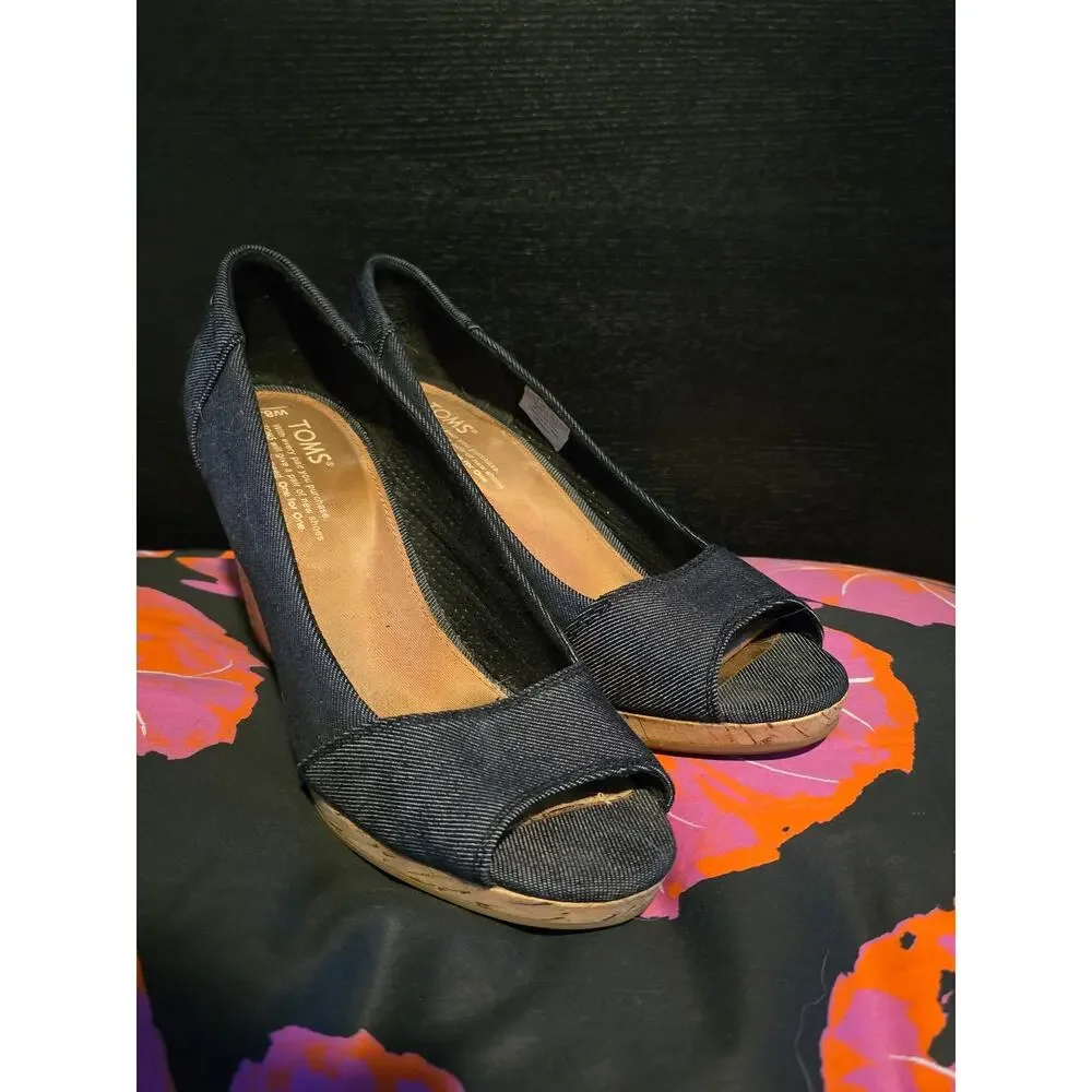 Toms Stella peep toe cork wedges black denim size 8.5‎